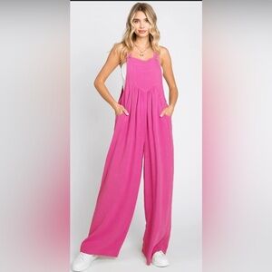 Wide Leg Bib Overalls Sleeveless Jumpsuit Pockets Flowy Pink Summer Size X-LARGE